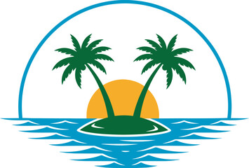 Tropical island getaway with palm trees and sunset