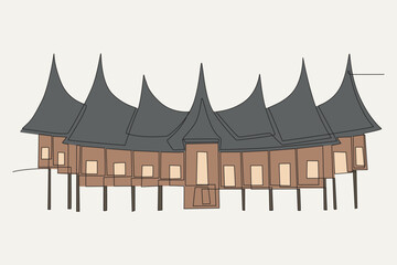 Colored Rumah gadang concept one-line drawing