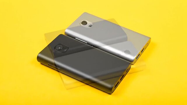 Two rectangular, metallic devices, one black and one silver, set on a bright yellow surface