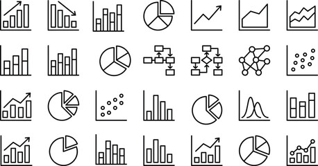 Analytics data visualization line icons set featuring charts, graphs, statistics, business reports, dashboards, trends, outline ui symbols collection design elements
