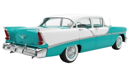 Selbstklebende Fototapeten Vintage Auto Isolated stylish vintage blue and white car with chrome parts, rear three-quarter view  © Sindre