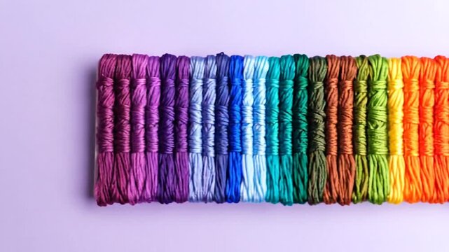 Rows of colorful embroidery floss arranged in shades of pink, orange, green, and blue on a purple surface