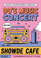 Vibrant 90s music concert flyer with retro boombox and free entry