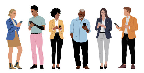 Set of diverse men and women standing and using smartphones, representing modern communication, technology, and everyday digital life. Flat vector illustration isolated on transparent background