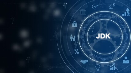 JDK acronym with business icons and with gears on dark blue background finance technology  