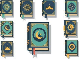 Collection of Islamic Books Illustrations with Crescent and Star Motifs
