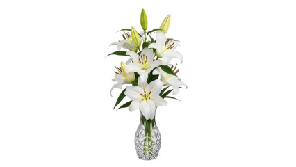 Isolated bouquet of white lilies arranged in a crystal glass vase flower arrangement