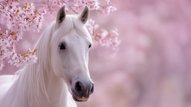 A regal white horse stands gracefully amidst blooming cherry blossoms with a soft focus background