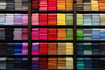 Textile bolts arranged on shelves in a fabric shop