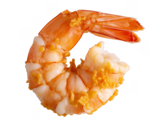 Peeled shrimp with tail orange pink isolated on a transparent background