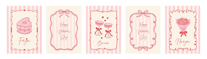 Plakat Set of vintage hand drawn frames with whimsical lines, bows, ribbons in coquette style. Vector elegant minimalist line art borders. Template for poster, banner, wedding invitation, birthday card.