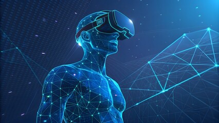 Digital human figure wearing a virtual reality headset immersed in a futuristic blue cyberspace with glowing network connections and abstract geometric shapes