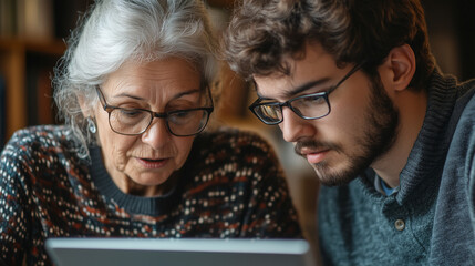 grandfather and grandson using digital tablet