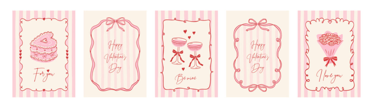 Set of vintage coquette greeting cards for Valentine's Day. Hand drawn whimsical frames with elegant bows and ribbons, cake in shape heart, bouquet of roses. Template for poster, wedding invitation.