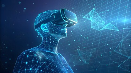 Digital human wearing virtual reality headset immersed in futuristic cyberspace with glowing blue polygonal network and abstract data visualization