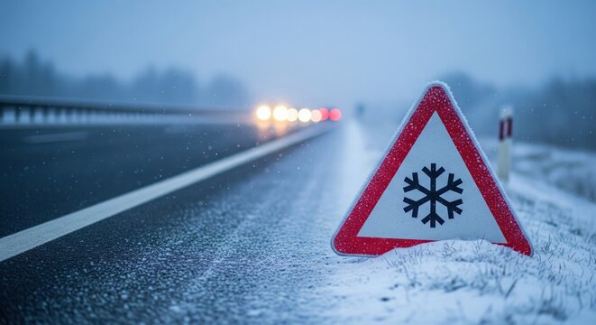 Triangular road sign with a snowflake symbol covered in snow, standing on a highway in the evening, warning of icy and slippery roads, winter driving danger and hazardous weather conditions