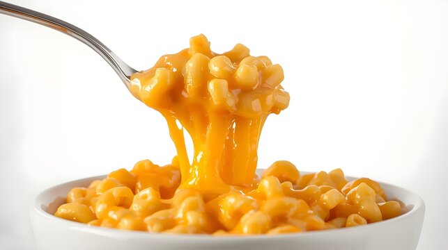 Yummy mac and cheese with cheese pull isolated on white background