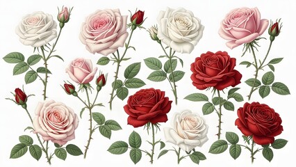 A beautiful collection of red, white, and pink rose flowers with buds on stems