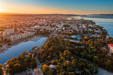 Zadar, Croatia - Aerial view of the old town of Zadar with the park of Vladimir Nazor, yacht marina...