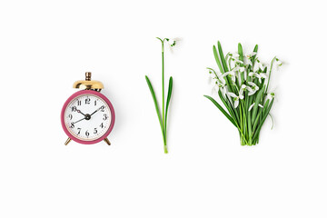  Composition with alarm clock and snowdrops. Symbol of new beginning, early spring and fresh seasonal awakening
