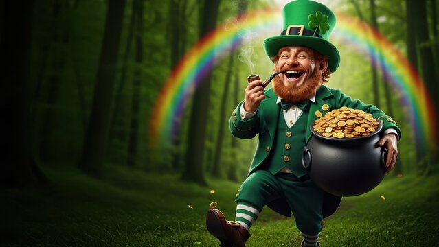 Man leprechaun smoking a pipe and carrying a pot of gold at the end of a rainbow in a forest for St. Patricks Day celebration.