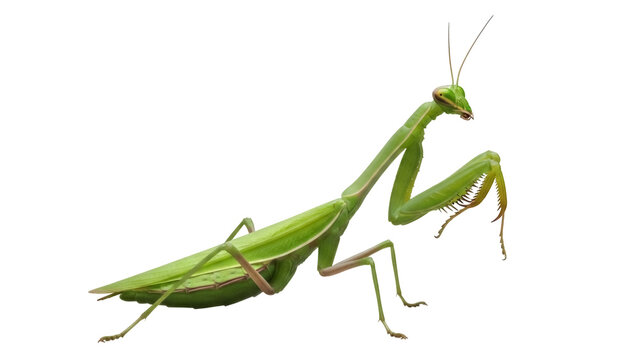Isolated mantis insect green predator ready to strike with arms outstretched to catch prey
