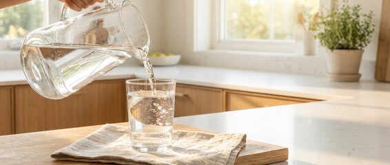 Glass being filled clean water from jug in bright kitchen with morning sunlight shining window. hydration morning routine drinking water healthy fresh water kitchen sink faucet ensures clean water