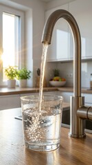 Glass being filled with clean water from a faucet in a bright kitchen with morning sunlight shining through the window. Concept of freshness, hydration, healthy lifestyle, and home comfort.