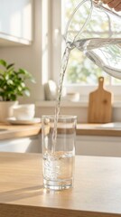 Morning routine hydration: drinking fresh water kitchen sink faucet clean water healthy habit wellness and refresh, filtered. Glass being filled with clean water from a faucet in a bright kitchen.