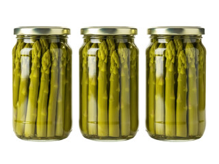 Isolated jars of preserved asparagus ready to eat, sealed and stored for later consumption