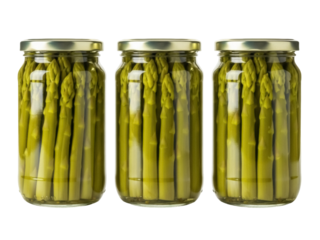 Isolated jars of preserved asparagus ready to eat, sealed and stored for later consumption
