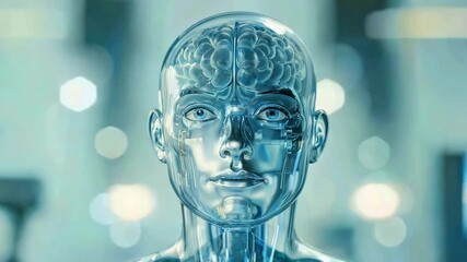 Transparent humanoid robot head with visible glowing brain circuitry symbolizes advanced artificial intelligence and futuristic technology concepts in a blue setting - Powered by Adobe