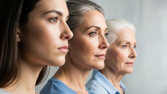 Three women in profile of different ages, symbolizing aging process, generation and family. Concept of beauty at every life stage.