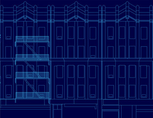 A detailed architectural blueprint highlights a city building's contour, featuring numerous windows and balconies for a comprehensive structural view.