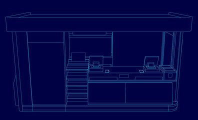 A detailed kitchen blueprint features a sink and countertop contour against a dark blue background, highlighting the convenience of the store stand layout.