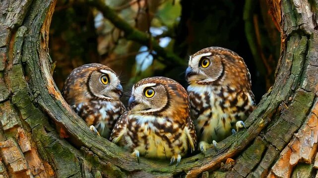 Three adorable spotted owlets peer curiously from a dark hollow in a rough textured tree trunk awaiting their next meal
