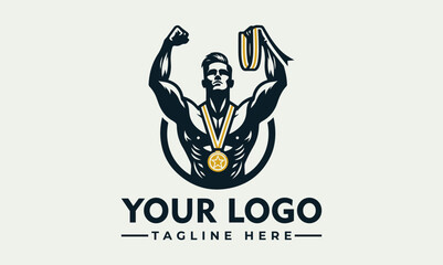 Fitness Champion Silhouette Logo with Medal Vector - Bold Bodybuilder Emblem for Sports and Health Brands