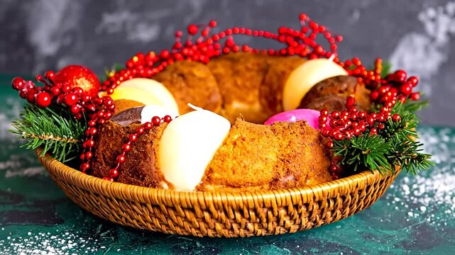 A close-up shot of a baked ring cake in a woven basket, decorated with candles and festive trimmings