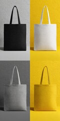 Four colored tote bags on different shaded background