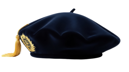 Isolated mortarboard hat, academic regalia cap with golden tassel, graduation headwear style