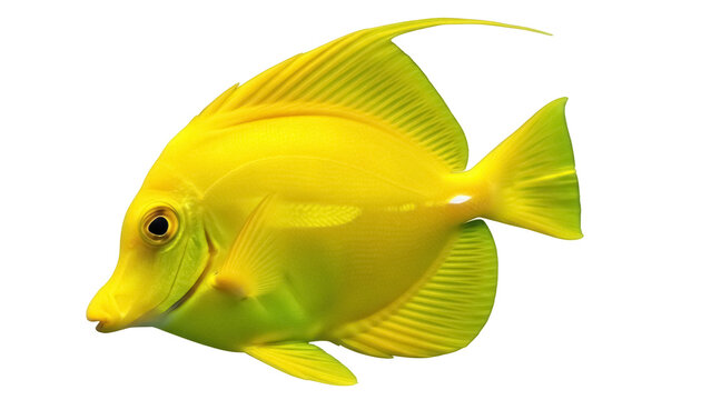 Isolated Yellow Tang fish swimming, a popular saltwater aquarium fish, reef marine life