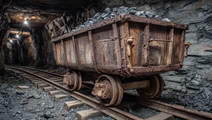 A coal cart filled with dark rocks is positioned on tracks in a dimly lit tunnel. The walls are lined with stone, and lights above provide a faint glow. This is a mining area