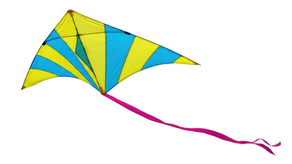 Isolated Kite with Bright Yellow and Blue Pattern and Streamers Ready to Fly Outdoors