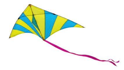 Isolated Kite with Bright Yellow and Blue Pattern and Streamers Ready to Fly Outdoors