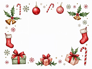 Watercolor Christmas frame with gifts, stockings, ornaments, and holly on white background. Hand painted holiday border illustration with copy space for text. Festive greeting card template.