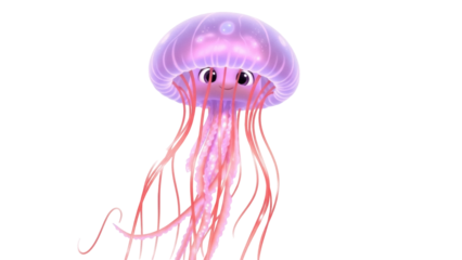 Isolated cartoon jellyfish, cute sea animal swimming in ocean, purple gradient color