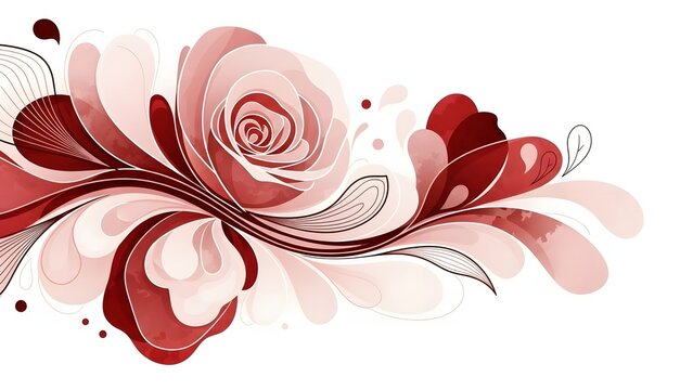 Abstract artistic illustration of a graceful rose and swirling floral elements in shades of red