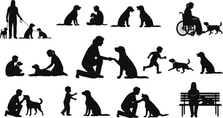 People and dogs silhouette collection showing walking training playing caring family moments pet ownership lifestyle vector illustration isolated on white background