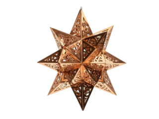Isolated star ornament with a geometric design and metallic sheen is hanging up