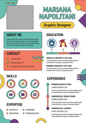 Modern graphic designer resume template with colorful abstract shapes